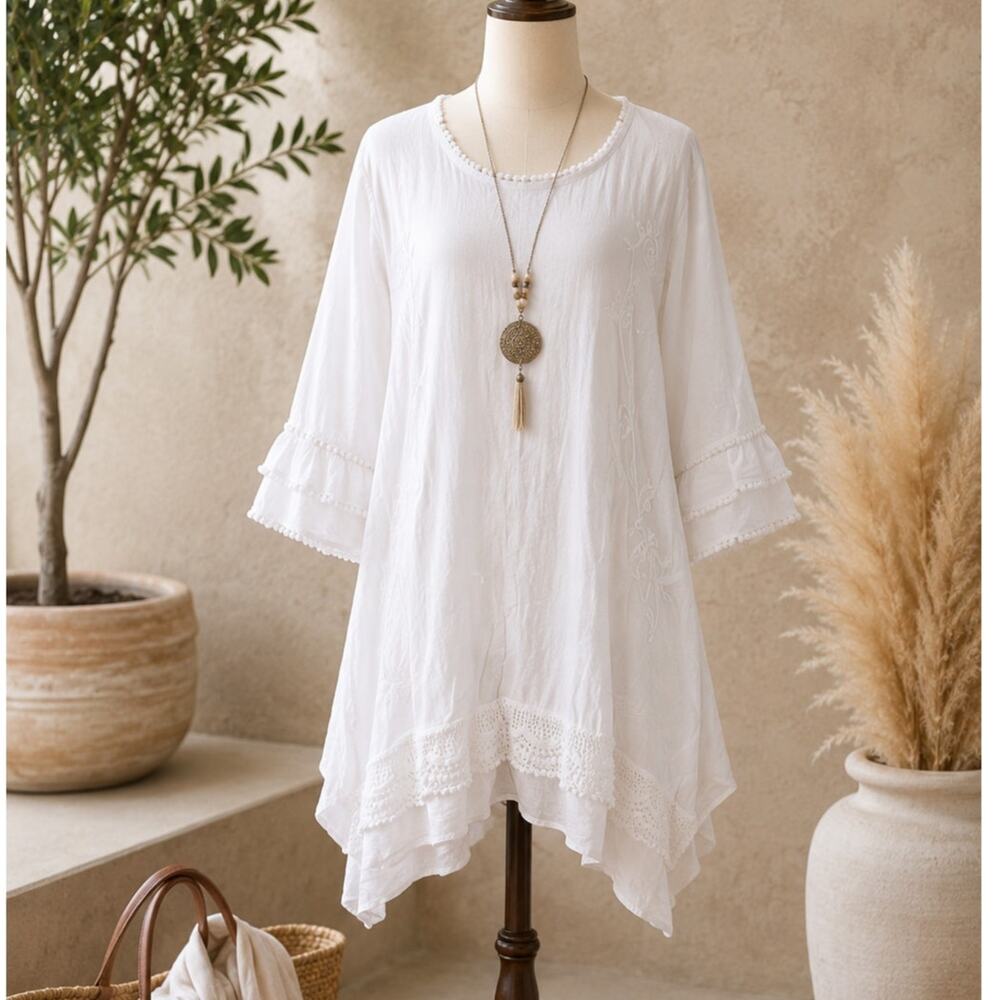Giocam Luna White Cotton Gauze Tunic Boho Lagenlook Lace Hem NWT Small